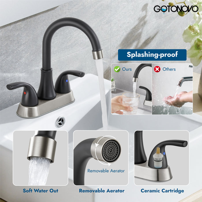 4 Inch Bathroom Sink Faucet 2 Handle Bathroom Faucet 360° Swivel Spout Deck Mounted Vanity Faucet with Water Supply Hoses with Pop up Drain