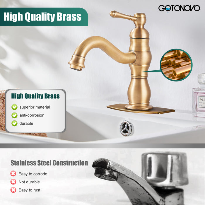 gotonovo Bathroom Sink Faucet Brass Bathroom Faucet Single Hole One Handle with Overflow Pop Up Drain Assembly Deck Mount Lavatory Vanity Mixer Tap with Panel