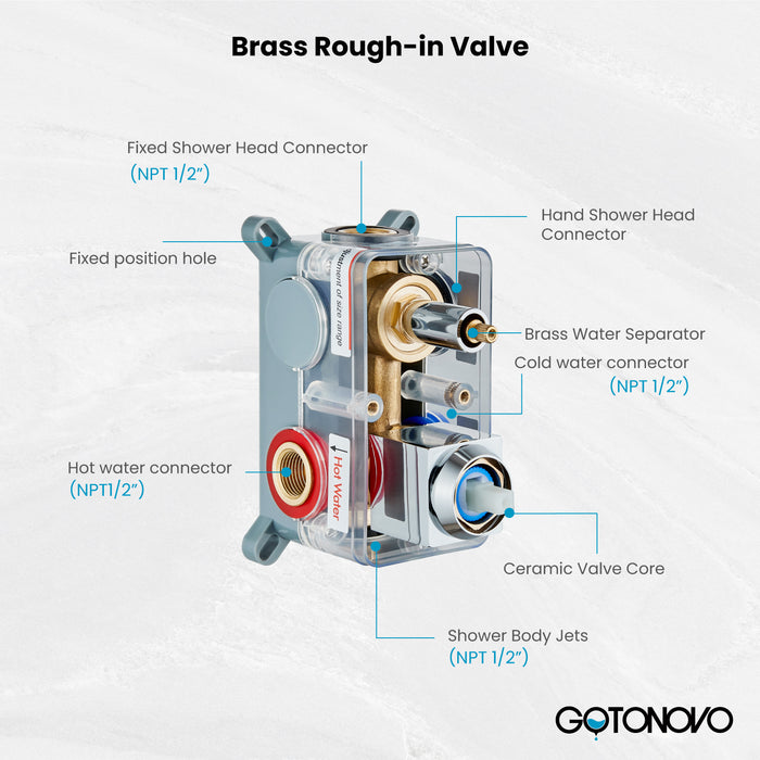 gotonovo Shower Faucet with Full Body Jets Rain Mixer 12 inch Rainfall Shower Head and Handheld Spray Combo Wall Mounted Rough-in Valve and Trim Included with 6pcs Body Message Jets