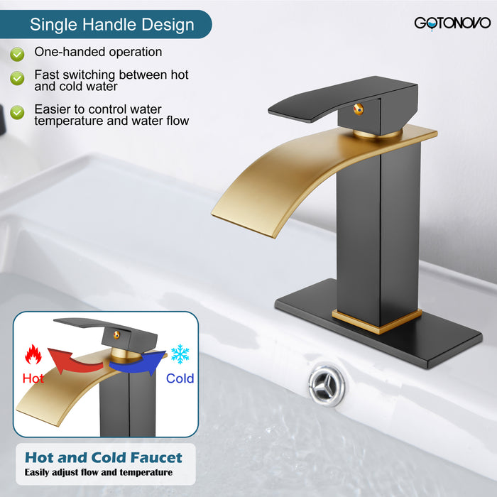 gotonovo Bathroom Sink Faucet Single Handle 1 Hole Waterfall Spout Vanity Sink Faucet Deck Mount Mixer Tap Lavatory with Deck Plate and Pop Up Drain