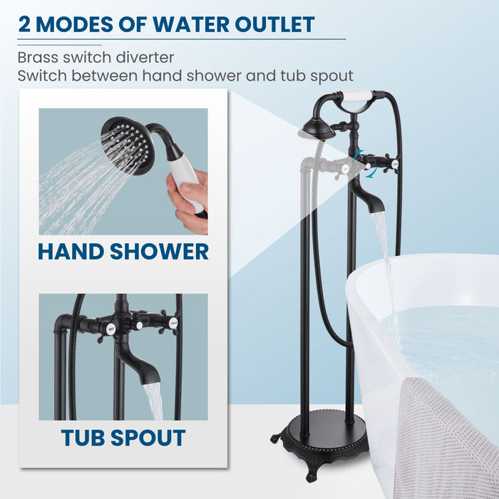 gotonovo Free Standing Tub Faucet,Ceramic Handheld Spray,Clawfoot Freestanding Bathtub Faucet,Vintage Floor Mount High Flow Tub Filler with Double Cross Handles,360°Rotation Spout