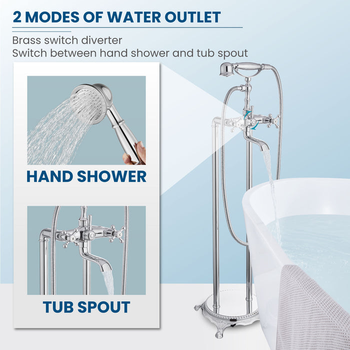 gotonovo Free Standing Tub Faucet,Brass Handheld Spray,Clawfoot Freestanding Bathtub Faucet,Vintage Floor Mount High Flow Tub Filler with Double Cross Handles,360°Rotation Spout