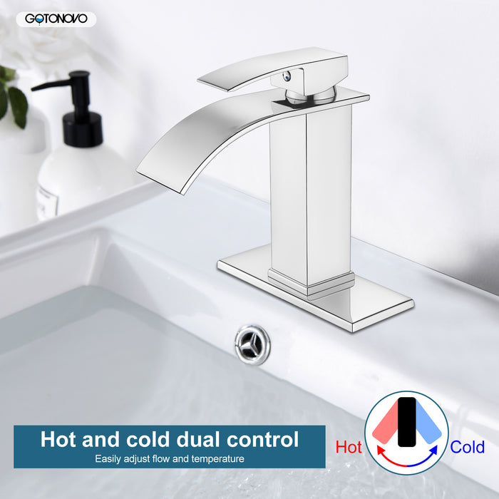 gotonovo Waterfall Bathroom Sink Faucet Single Hole 1 Handle Lavatory Vanity Faucet with Deck Plate Deck Mount Hot & Cold Water Mixer Tap