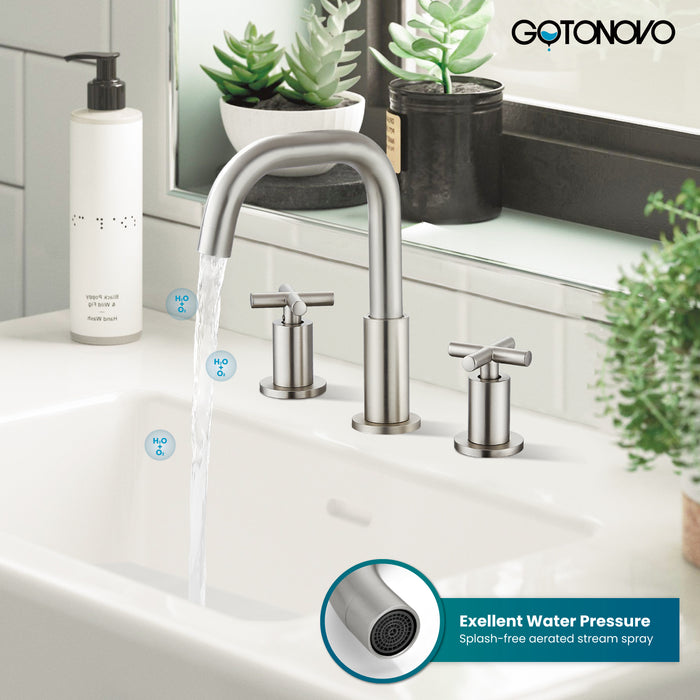gotonovo 8 inch Widespread 3 Hole Bathroom Sink Faucet,2 Cross Handle Vanity Faucet Deck Mount Basin for Bathroom Sink 360° Swivel Spout with Pop Up Drain