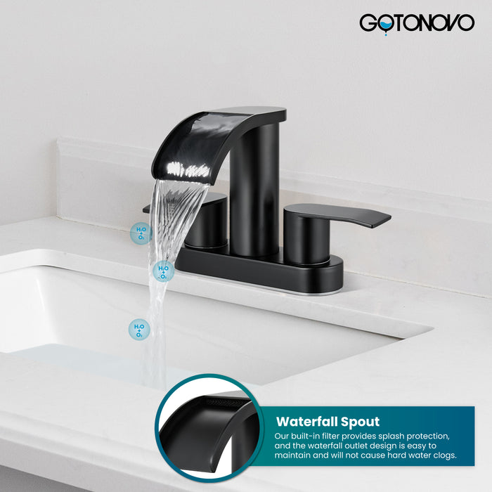 gotonovo 4 Inch Centerset Waterfall Bathroom Sink Faucet Deck Mount 2 Handle Basin Faucets 2 or 3 Hole with Pop Up Drain Included Lavatory Modern Mixer Tap Vanity Faucet