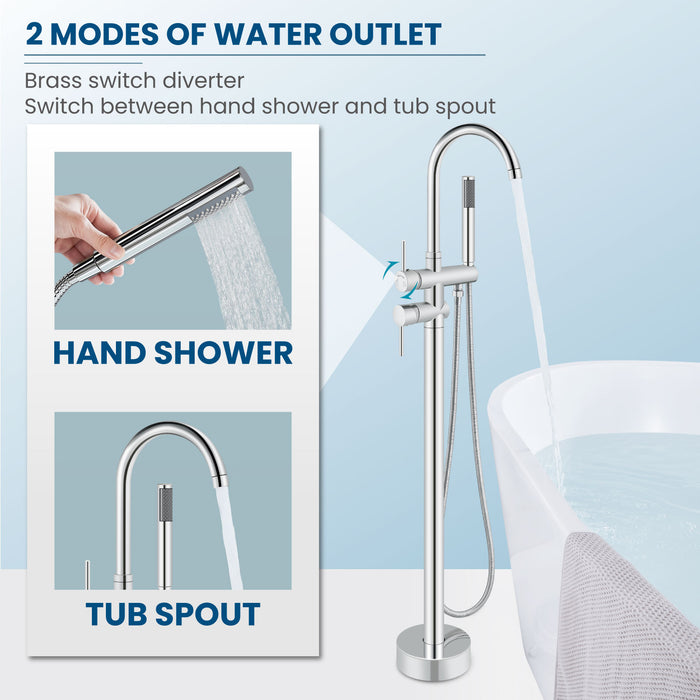 gotonovo Freestanding Tub Faucets Floor Mount Tub Filler, High Flow Free Standing Bathtub Faucet Stand Alone with Handheld Shower and Rough-in Valve,360° Swivel High-Arc Spout,SUS304