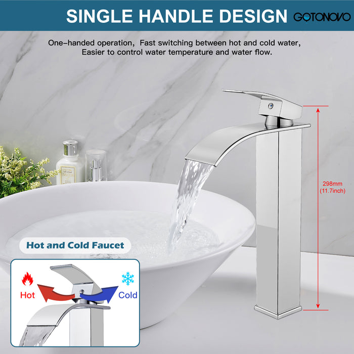 gotonovo Vessl Sink Tall Faucet Waterfall Bathroom Bowl Single Handle Single Hole Spout Sink Faucet Deck Mount with Large Rectangular Lavatory Vanities