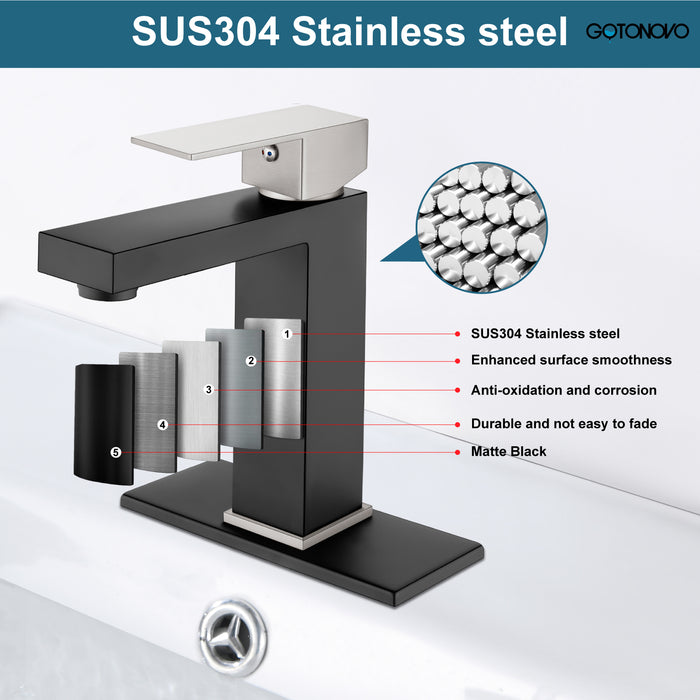 gotonovo Bathroom Sink Faucet Single Handle 1 Hole One Lever Stainless Steel SUS304 Commercial Deck Mount Lavatory Mixer Tap Include Pop Up Drain and Cover Plate