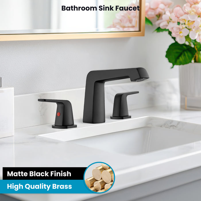 gotonovo Bathroom Sink Faucet 3 Holes 2 Handles Widespread 8 Inch Bathroom Faucet with Pop Up Drain Hot Cold Water Supply Lines Lavatory Vanity Mixer Tap, Thick Style