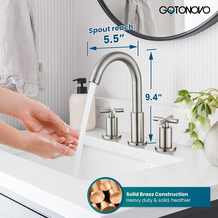 gotonovo 3 Hole Bathroom Faucet 8 inch Widespread Sink Vanity Faucet for Bathroom Sink 2 Cross Handle Deck Mount Basin with Pop Up Drain 360° Swivel Spout