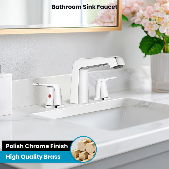 gotonovo Bathroom Sink Faucet 3 Holes 2 Handles Widespread 8 Inch Bathroom Faucet with Pop Up Drain Hot Cold Water Supply Lines Lavatory Vanity Mixer Tap, Thick Style