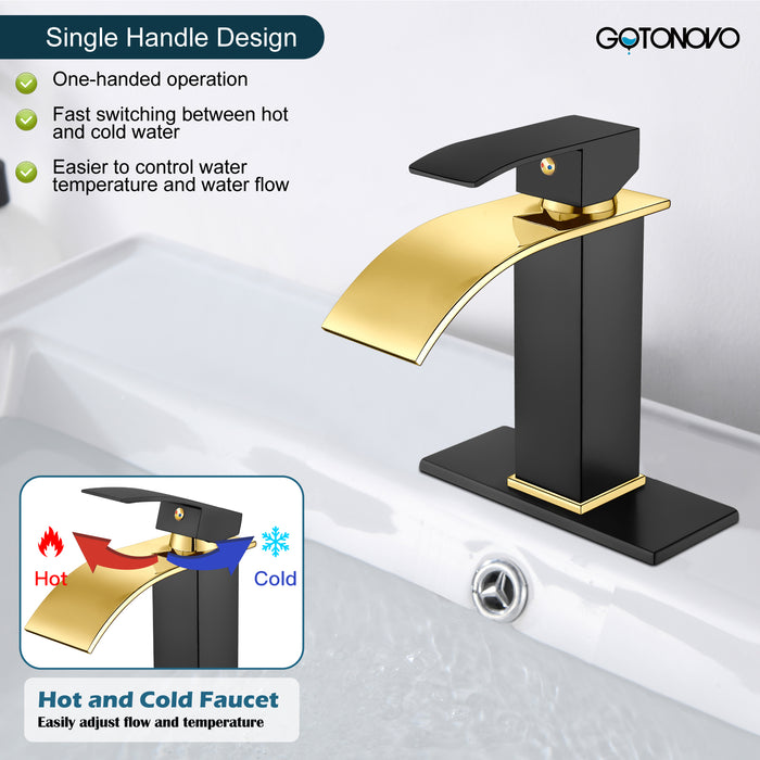 gotonovo Bathroom Sink Faucet Single Handle 1 Hole Waterfall Spout Vanity Sink Faucet Deck Mount Mixer Tap Lavatory with Deck Plate and Pop Up Drain