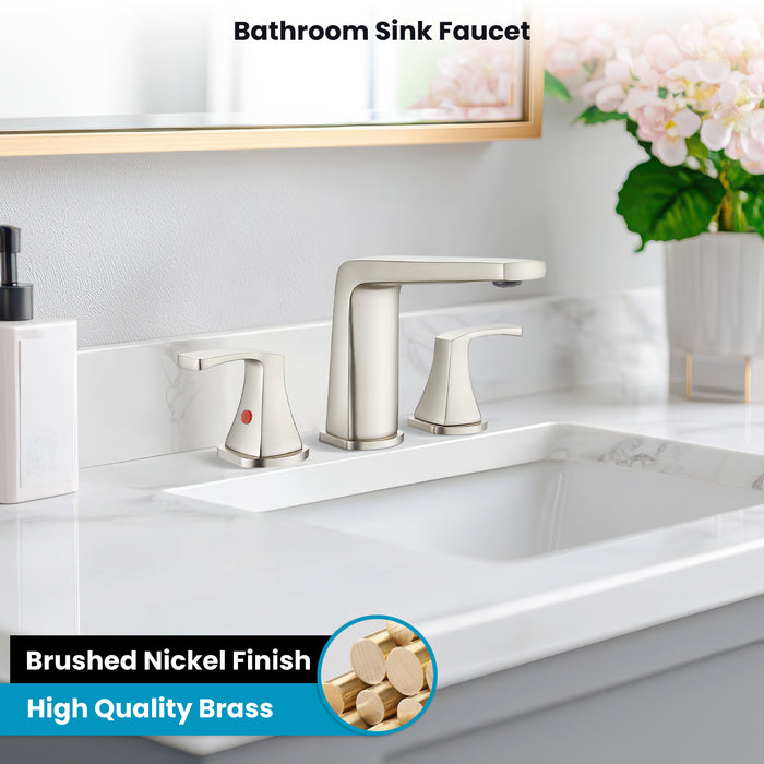 gotonovo Bathroom Sink Faucet 3 Holes 2 Handles Widespread 8 Inch Bathroom Faucet with Pop Up Drain Hot Cold Water Supply Lines Lavatory Vanity Mixer Tap, Thin Style