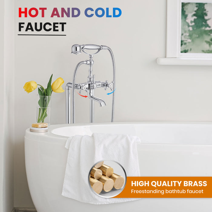 gotonovo Free Standing Tub Faucet,Brass Handheld Spray,Clawfoot Freestanding Bathtub Faucet,Vintage Floor Mount High Flow Tub Filler with Double Cross Handles,360°Rotation Spout