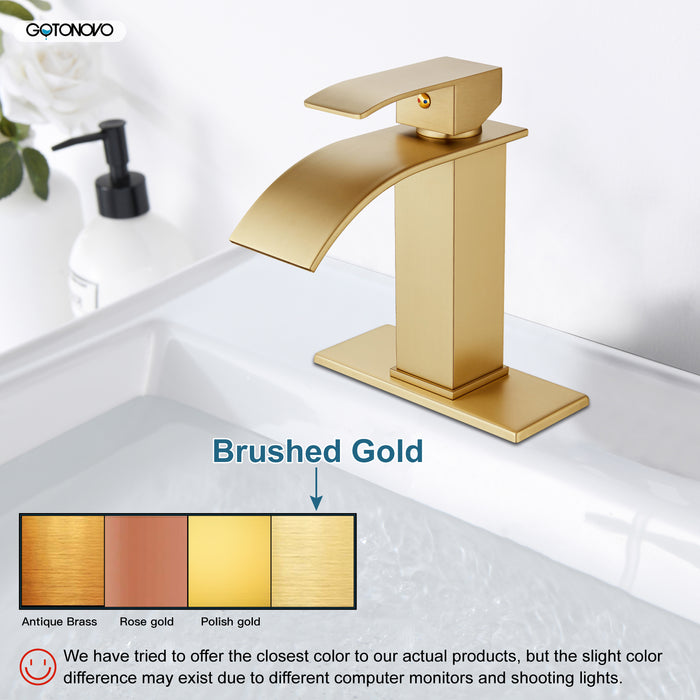 gotonovo Bathroom Sink Faucet Waterfall Spout Deck Mount Single Handle 1 Hole  Deck Plate Pop Up Drain with Overflow with Mixer Tap Lavatory Vanity Sink Faucet Commercial