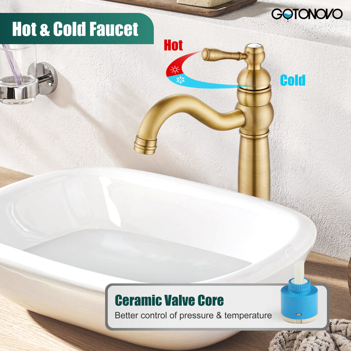 gotonovo  Bathroom Lavatory Vessel Sink Faucet Single Hole 1 Lever Vintage Vessel Mixer Tap Retro Hot and Cold Water Solid Brass Pop-up Drain Included Deck Mounted