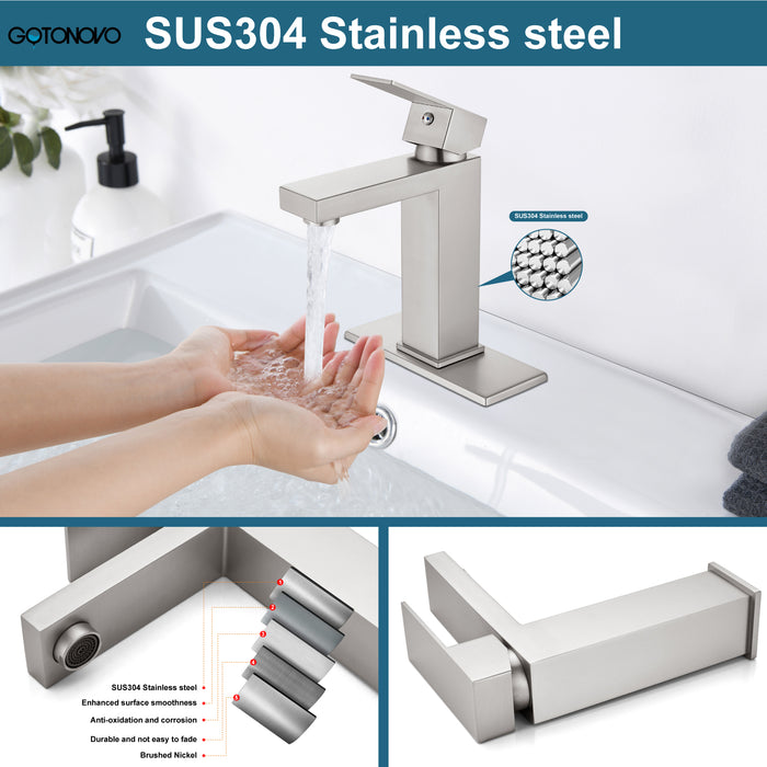 gotonovo Bathroom Sink Faucet Single Handle Stainless Steel Mixing Tap for Bathroom Sink Lavatory Vanity Sink Faucet with Pop Up Drain Stopper, Cover Plate and Water Supply Line