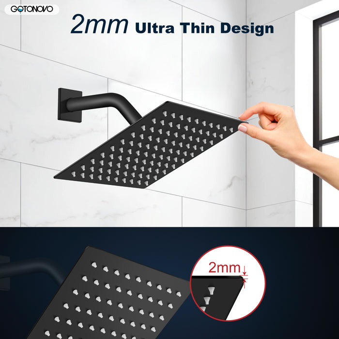 gotonovo 8 Inch Rainfall Showerhead Square Stainless Steel Rain Shower Head High Pressure Waterfall Crackproof Coverage with Silicone Nozzle 1/16" Ultra Thin Design Swivel Connector