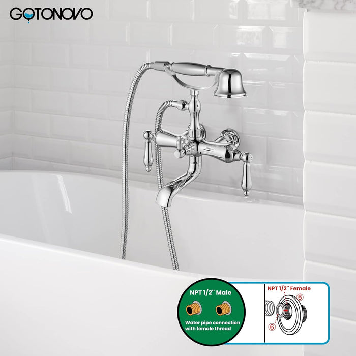 gotonovo Vintage Clawfoot Tub Faucet 3 3/8 Wall Mounted With Handheld Shower Sprayer with Tub Spout Double Level Handle Hot and Cold Water Mixer Shower Faucet Set