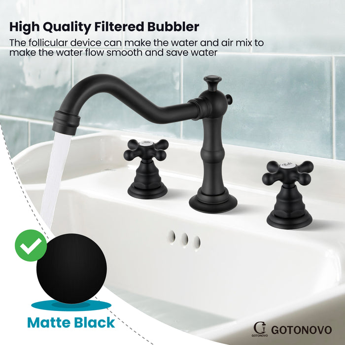 gotonovo Bathroom Sink Faucet Deck Mount Widespread Double Mixing Tap Cross Knobs 3 Hole with Pop Up Drain