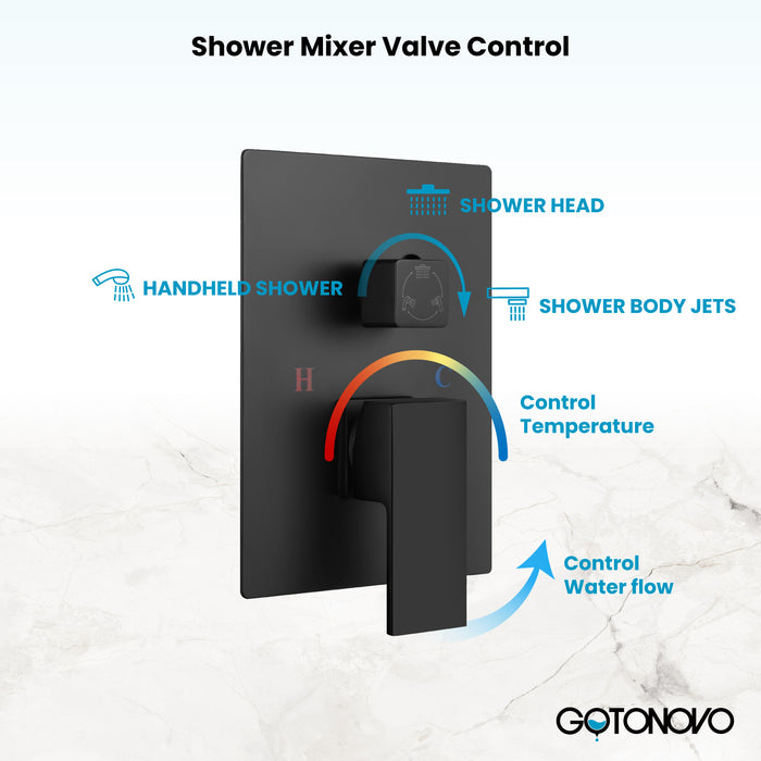 gotonovo Shower Faucet with Full Body Jets Rain Mixer 12 inch Rainfall Shower Head and Handheld Spray Combo Wall Mounted Rough-in Valve and Trim Included with 6pcs Body Message Jets