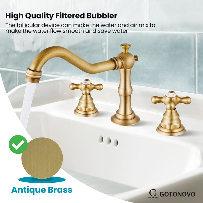 gotonovo Bathroom Sink Faucet Deck Mount Widespread Double Mixing Tap Cross Knobs 3 Hole with Pop Up Drain