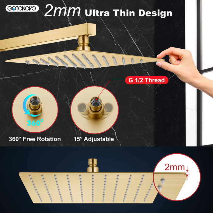 gotonovo regendouchekop 12 inch vierkante roestvrijstalen regendouchekop waterval hoge druk barstvrije dekking met siliconen mondstuk 1/16" ultradun ontwerp draaibare connector 