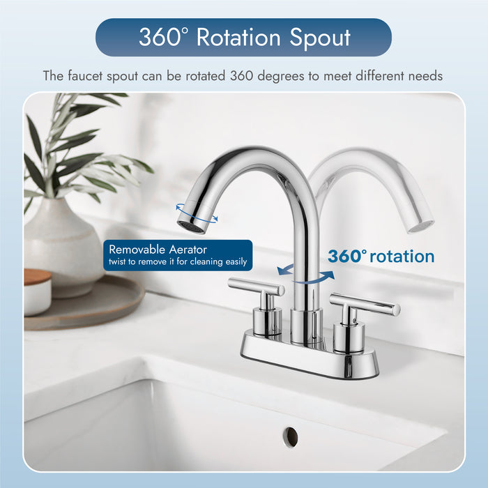 4 Inch Centerset Bathroom Sink Faucet Stainless Steel Deck Mount Double Handles Swivel Spout Mixer Tap with Pop-up Drain Lavatory Bathroom Vanity Faucets