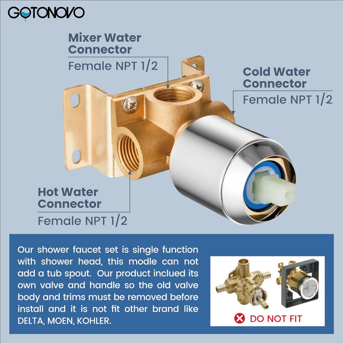 gotonovo Shower Faucet Set, Single Function Shower Trim Kit, Wall Mount 8 Inch Round Rainfall Shower Head and Handle Set, Single Handle Shower System Set Rough-in Valve