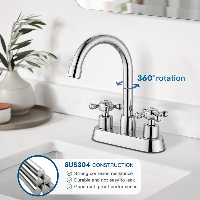 4 Inch centerset Bathroom Faucet Double Cross Handle Vanity Faucet 360° Swivel Spout Deck Mounted Mixer Tap with Pop up Drain Water Supply Hoses