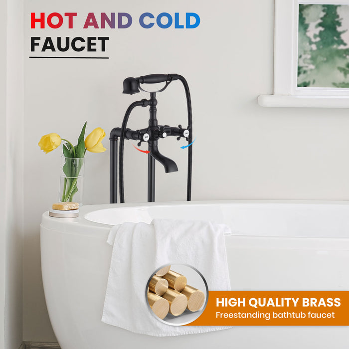 gotonovo Free Standing Tub Faucet,Brass Handheld Spray,Clawfoot Freestanding Bathtub Faucet,Vintage Floor Mount High Flow Tub Filler with Double Cross Handles,360°Rotation Spout