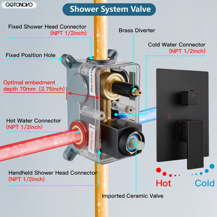 gotonovo Square 12 Inch Rainfall Showerhead Pressure Balance Shower System Wall Mount Shower Faucet Complete Set with Handheld Sprayer Included Rough-in Valve Body and Trim