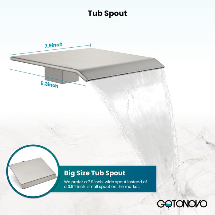 gotonovo Waterfall Tub Filler with Handheld Spray 3 Lever Handle Bathroom High Flow Rate Wall Mounted 2 Function Shower Faucet Set with Rough-in Shower Trim Kit Hot and Cold Mixer