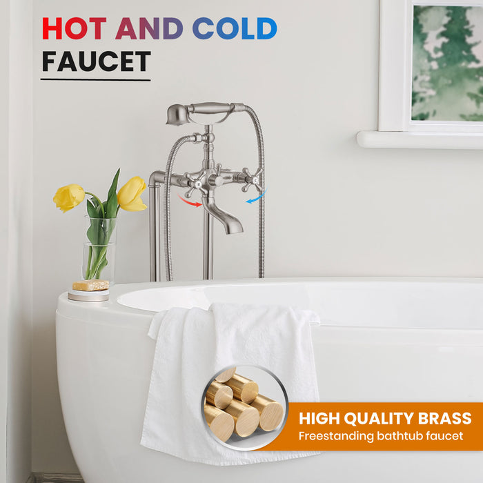 gotonovo Free Standing Tub Faucet,Brass Handheld Spray,Clawfoot Freestanding Bathtub Faucet,Vintage Floor Mount High Flow Tub Filler with Double Cross Handles,360°Rotation Spout