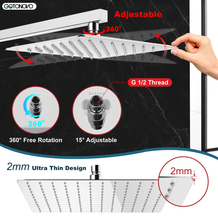 gotonovo Rainfall Shower Head 10 Inch Stainless Steel Square Rainfall  High Pressure Bath Rain Showerhead 1/16" Ultra Thin Waterfall Full Body Coverage with Silicone Nozzle