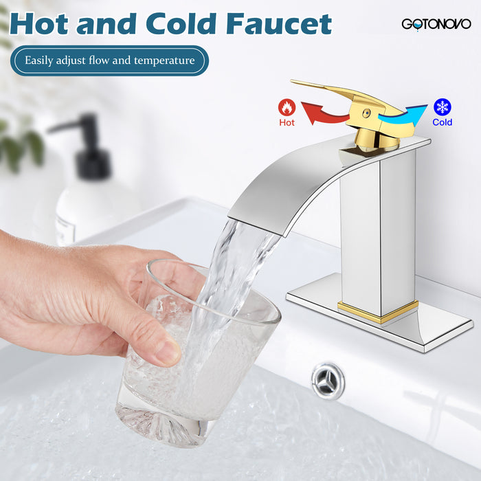 gotonovo Bathroom Sink Faucet Single Handle 1 Hole Waterfall Spout Vanity Sink Faucet Deck Mount Mixer Tap Lavatory with Deck Plate and Pop Up Drain