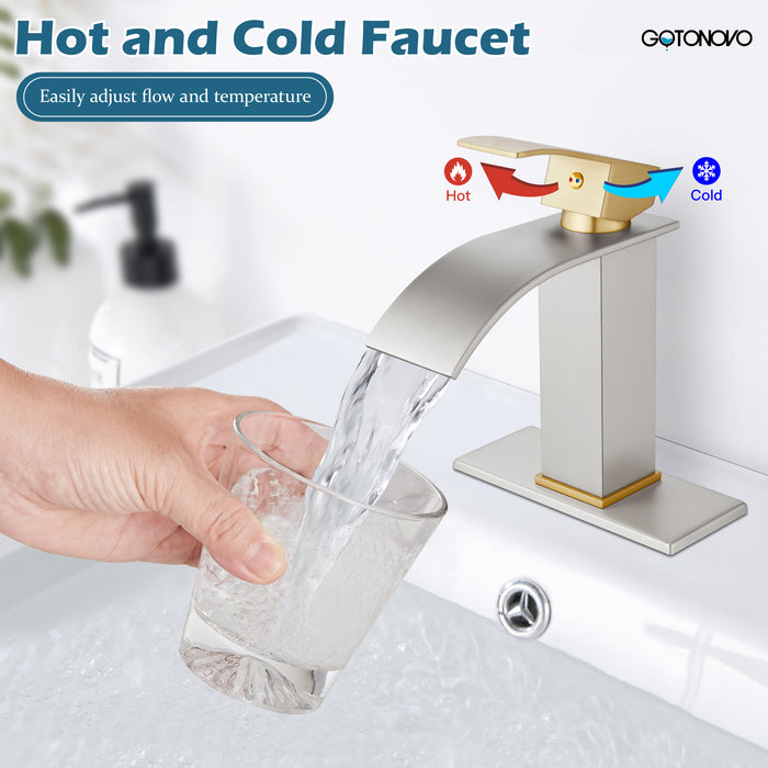 gotonovo Bathroom Sink Faucet Single Handle 1 Hole Waterfall Spout Vanity Sink Faucet Deck Mount Mixer Tap Lavatory with Deck Plate and Pop Up Drain