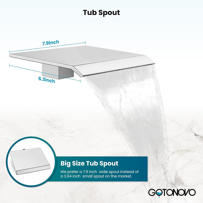 gotonovo Waterfall Tub Filler with Handheld Spray 3 Lever Handle Bathroom High Flow Rate Wall Mounted 2 Function Shower Faucet Set with Rough-in Shower Trim Kit Hot and Cold Mixer