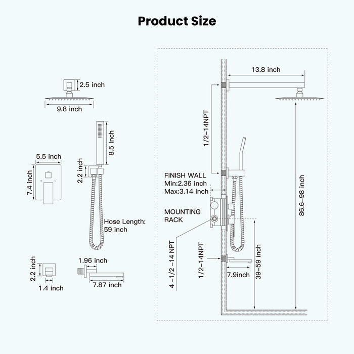 gotonovo 10" Rainfall Shower Head Shower Faucet Set Wall Mount Bathroom Shower System with Tub Spout with Hand Sprayer Rough-In Valve