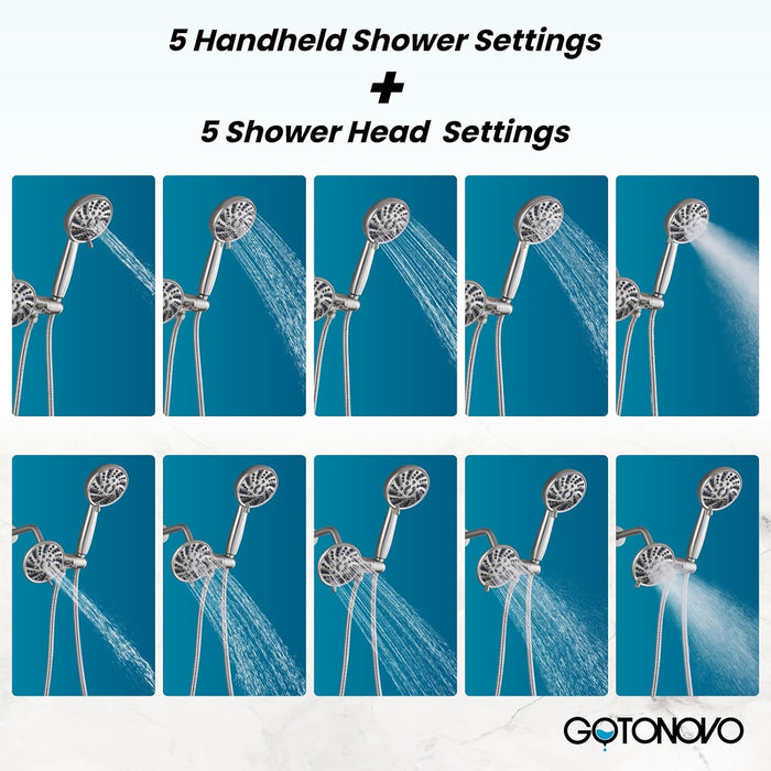 gotonovo 5 Settings ABS Shower Head with 5 Modes ABS Handheld Spray Shower Trim Kit High Pressure Dual 2 in 1 Showerhead Combo