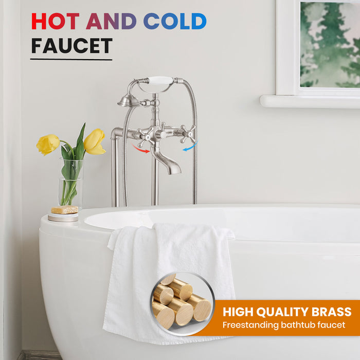 gotonovo Free Standing Tub Faucet,Ceramic Handheld Spray,Clawfoot Freestanding Bathtub Faucet,Vintage Floor Mount High Flow Tub Filler with Double Cross Handles,360°Rotation Spout