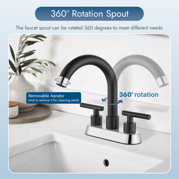 4 Inch Centerset Bathroom Sink Faucet Stainless Steel Deck Mount Double Handles Swivel Spout Mixer Tap with Pop-up Drain Lavatory Bathroom Vanity Faucets