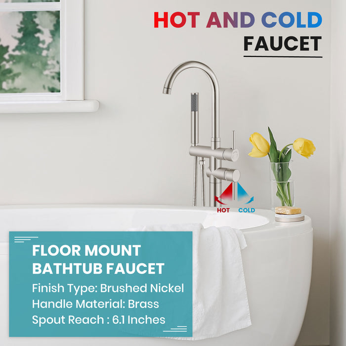 gotonovo Freestanding Tub Faucets Floor Mount Tub Filler, High Flow Free Standing Bathtub Faucet Stand Alone with Handheld Shower and Rough-in Valve,360° Swivel High-Arc Spout,SUS304