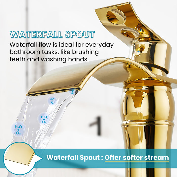 gotonovo Waterfall Vessel Sink Faucet for Sink 1 Hole,Single Handle Tall Bathroom Sink Faucet,Brass Waterfall Bathroom Faucet Arc Body Mixer Tap with Pop Up Drain and Supply Line