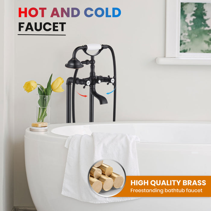 gotonovo Free Standing Tub Faucet,Ceramic Handheld Spray,Clawfoot Freestanding Bathtub Faucet,Vintage Floor Mount High Flow Tub Filler with Double Cross Handles,360°Rotation Spout