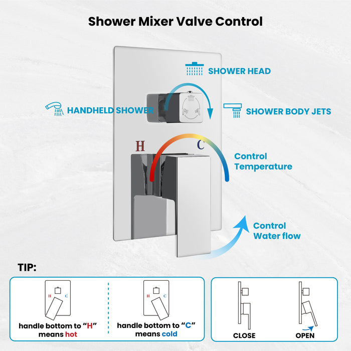 gotonovo Shower Faucet with Full Body Jets Rain Mixer 12 inch Rainfall Shower Head and Handheld Spray Combo Wall Mounted Rough-in Valve and Trim Included with 6pcs Body Message Jets