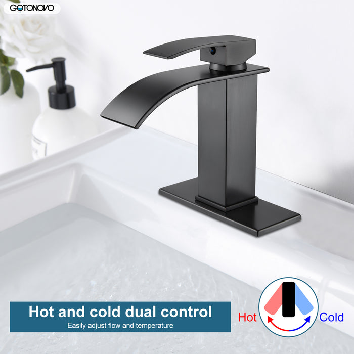 gotonovo Bathroom Sink Faucet Waterfall Spout Deck Mount Single Handle 1 Hole  Deck Plate Pop Up Drain with Overflow with Mixer Tap Lavatory Vanity Sink Faucet Commercial