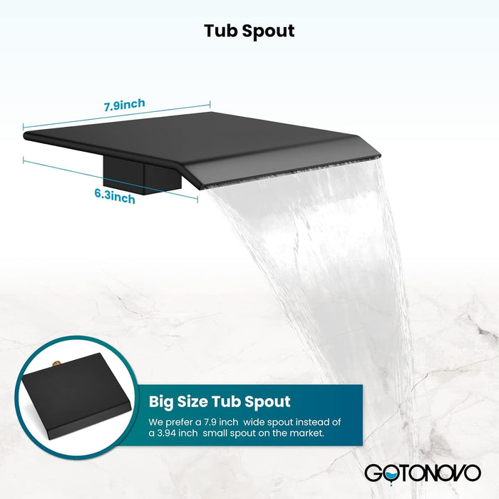 gotonovo Waterfall Tub Filler with Handheld Spray 3 Lever Handle Bathroom High Flow Rate Wall Mounted 2 Function Shower Faucet Set with Rough-in Shower Trim Kit Hot and Cold Mixer