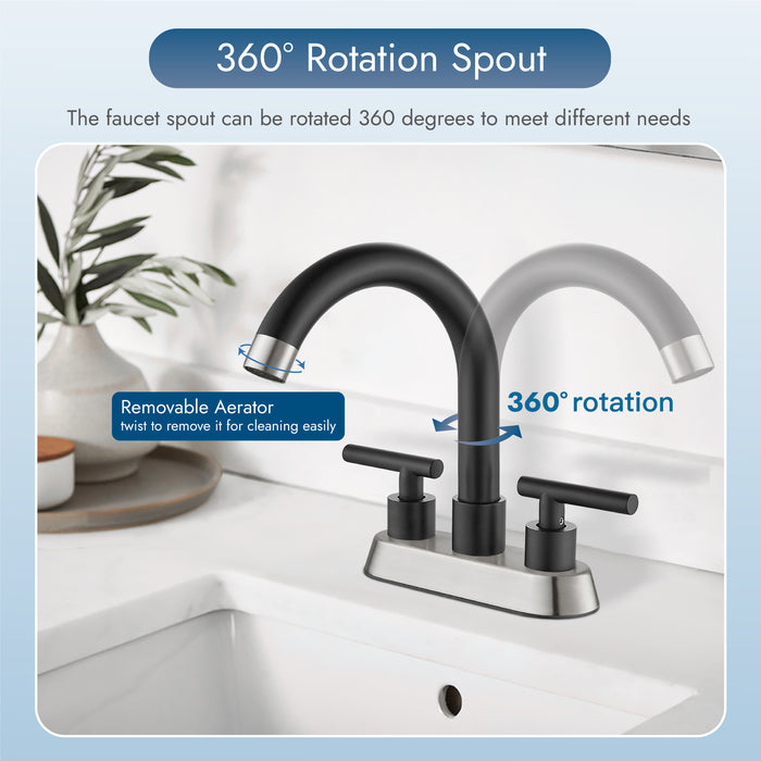 4 Inch Centerset Bathroom Sink Faucet Stainless Steel Deck Mount Double Handles Swivel Spout Mixer Tap with Pop-up Drain Lavatory Bathroom Vanity Faucets