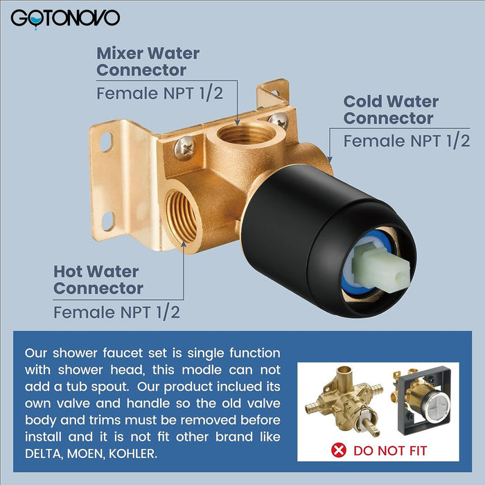 gotonovo Shower Faucet Set, Single Function Shower Trim Kit, Wall Mount 8 Inch Round Rainfall Shower Head and Handle Set, Single Handle Shower System Set Rough-in Valve